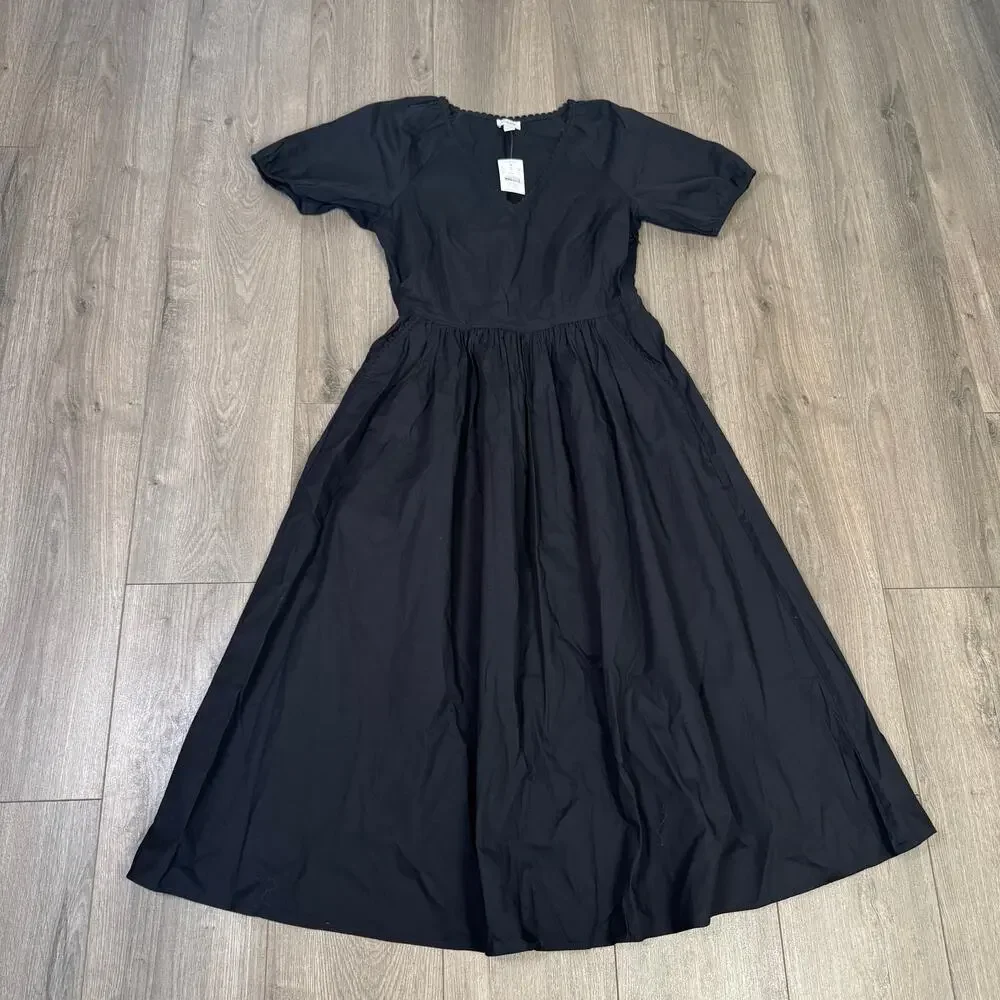 J.Crew Lace Trim Midi Dress WMNS 6 Black Puff Short Sleeve V-Neck Gathered Waist